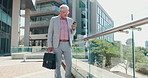 Phone, mature and business man in city for travel, text and realtor reading funny meme. Mobile, manager and person outdoor with briefcase, laughing and check email for property management on internet