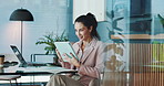 Office, tablet and business woman for online proposal, budget report and finance planning for project. Professional, corporate and person on digital tech for financial report, research and website