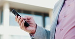 Business, hands and man in city, cellphone and scroll for text message, social media and app. Mature person, internet or employee with smartphone, outdoor and communication with email or chatting