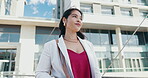 Thinking, business and woman travel in city for planning, ideas and vision of urban development. Person, realtor and reflection for corporate career, town infrastructure and expansion for opportunity