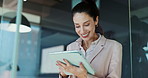 Window, tablet and business woman in office for online proposal, budget report and research for project. Professional, corporate and person on digital tech for internet, finance planning and website
