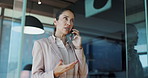 Talking, woman and phone call in business for financial development, investment or deal. Glass, negotiation or female investor networking on mobile communication for finance, funding or budget offer