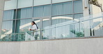 Thinking, balcony and business woman in city with confidence, pride and future ideas for company. Professional, corporate and person by office building for planning, inspiration and opportunity