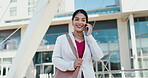 Business, woman and phone call with walking in city for property negotiation, rental agreement and discussion. Realtor, employee and speaking to contact for real estate enquiry and listing question