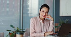 Happy, corporate and face of business woman in office on laptop for research, finance proposal and website. Professional, financial consultant and portrait of person on computer for investment advice