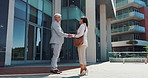 Outdoor, handshake and business people with partnership, agreement and b2b deal with recruitment. Employees, human resources management or candidate with greeting, shaking hands or welcome with hello