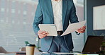 Hands, business and man with documents, tablet and financial advisor with connection. Person, employee and investor in workplace, technology and digital app for trading, stock market and tax report