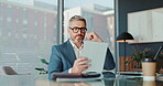 Business, man and reading on tablet in office for financial report, budget planning and information. Thinking, accountant and digital for problem solving, proposal ideas and decision for investment