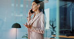 Negotiation, businesswoman and phone call in office for financial development, investment or deal. Manager, networking or investor talking on mobile communication for finance, funding or budget offer