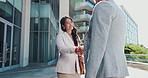 Outdoor, handshake and business people with smile, agreement and b2b deal with recruitment. Employees, human resource or candidate with greeting, shaking hands or welcome with hello or partnership