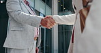 Closeup, handshake and business people in city, partnership and agreement with thank you. Outdoor, employees and shaking hands for cooperation, thank you and onboarding with negotiation and b2b deal