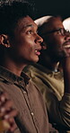 Shock, movie and men in cinema audience for premiere and entertainment of crowd. Theatre, people and surprise or horror of show, performance and watching film with friends, spectator and scared
