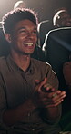 Applause, movie and happy man in cinema audience for premiere and entertainment. Theatre, people and clapping hands gesture for show, performance and watching film with satisfaction, spectator or fun