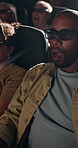 3d glasses, movie and people wow in cinema audience for premiere and modern entertainment. Theatre, shocked man and lens for show, happy and watching film with augmented vision, spectator or illusion