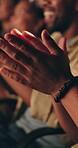 People, hands and row with applause in cinema at night for good movie, show or performance. Group, audience or crowd clapping with smile for great entertainment or motion picture in dark theater