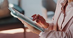 Window, tablet and hands of business woman in office for online proposal, budget report and research. Professional, corporate and person on digital tech for internet, finance planning and website