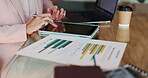 Hands, person and typing on tablet with graphs documents, data analysis and financial report. Accountant, online and paperwork for finance growth, investment statistics and information of bookkeeping