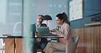 Office, teamwork and business people with laptop for discussion, bookkeeping and audit report. Collaboration, mature accountant and auditor with tech for talking, financial research and paper review