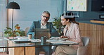 Office, collaboration and business people with laptop for discussion, bookkeeping and audit report. Teamwork, mature accountant and auditor with tech for talking, financial research and review notes