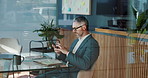 Business, smartphone and man in office, internet and financial advisor with email notification. Mature person, employee and accounting in workplace, cellphone and mobile user with message to contact