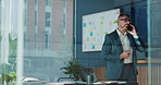 Walking, businessman and phone call in office for financial development, investment and deal. Manager, glass or investor talking on mobile communication for finance, funding or budget negotiation 
