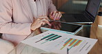 Hands, woman and typing on tablet with graphs documents, data analysis and financial report. Accountant, writing and paperwork for finance growth, investment statistics and information of bookkeeping