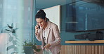 Laptop, businesswoman and phone call in office for financial development, investment and deal. Manager, offer or investor talking on mobile communication for finance, funding or budget negotiation 