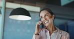 Negotiation, happy woman and phone call in business for financial development, investment or deal. Manager, networking or investor talking on mobile communication for finance, funding or budget offer