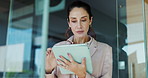 Glass, tablet and business woman in office for online proposal, budget report and research for project. Professional, corporate and person on digital tech for internet, finance planning and website