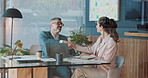 Corporate, people and meeting with handshake in office for partnership, b2b and financial deal. Man, woman and shaking hands with paperwork of team success, congratulations and investment opportunity