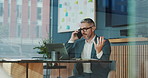 Laptop, businessman and phone call in office for financial development, investment and deal. Manager, offer or investor talking on mobile communication for finance, funding or budget negotiation 