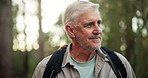 Hiking, mature man and walk in forest for fitness adventure, retirement hobby and cardio wellness. Senior person, smile and happy with backpack for trekking, explore and holiday sightseeing in woods