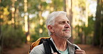 Breathe, senior man and walk in woods for hiking adventure, retirement hobby or cardio fitness. Mature person, relax and journey with backpack for trekking, explore or holiday sightseeing in forest