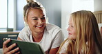 Bedroom, mother and child with smile for tablet, streaming service and check for cartoon to watch. Home, mom and girl with digital for movie website, connection and bonding together with happiness