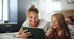 Bedroom, mom and child with happiness for tablet, streaming service and check for cartoon to watch. Home, mother and girl with digital for movie website, connection and bonding together with smile