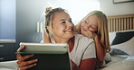 Bedroom, mother and child with hug for tablet, streaming service and check for cartoon to watch. Home, mom and girl with digital for movie website, connection and bonding together with happiness