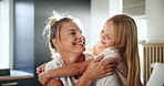 Bedroom, mother and child with smile for hug, bonding together and loving relationship at home. House, mom and girl with embrace happiness for support, connection and relax in apartment on weekend