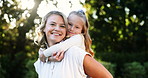 Piggy back, garden and mom with child for bonding, relationship and relax outdoor. Family, morning and portrait of mother carry daughter in backyard for fun, love and support on weekend together