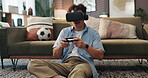 Gaming, vr and relax with man at home for metaverse, 3d user experience and cyber simulation. Esports gamer, futuristic and virtual reality glasses with person in living room for ar interface