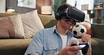 Gaming, vr and fist pump with man at home for metaverse, 3d user experience and cyber simulation. Esports gamer, winner and virtual reality glasses with person in living room for ar interface