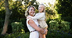 Happy, backyard and face of mom with child for bonding, relationship and relax outdoor. Family, morning and portrait of mother carry daughter in garden for fun, love and support on weekend together