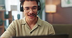 Happy man, agent or laptop with headset for online advice, customer service or desktop support at home office. Male person, consultant or remote worker talking with mic for CRM help or communication