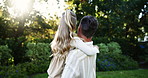 Sunshine, garden and back of dad with child for bonding, relationship and relax outdoor. Family, morning and father carry daughter in backyard for fun, love and support on weekend together with flare