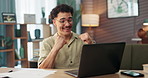 Success, remote work and laptop with man in home office for account manager, client approval and research. Admin feedback, winner and profit with person in living room for planning and bonus
