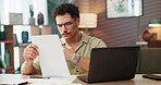 Documents, thinking and laptop with man in home office for account manager, client portfolio and research. Admin feedback, paperwork and networking with person in living room for remote work and idea