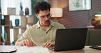 Documents, remote work and laptop with man in home office for account manager, client portfolio and research. Admin feedback, paperwork and networking with person in living room for planning