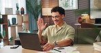 Video call, remote work and business man on laptop for conversation, online chat and virtual meeting. Creative, freelancer and person on computer for communication, discussion and webinar in home