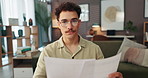 Face, video call and man with documents, home and conversation with virtual feedback. Portrait, person and freelancer in lounge, paperwork and communication with online meeting, review and advice