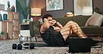 Home, crunches and man with fitness, training routine and workout with endurance, wellness and laptop. Apartment, healthy  person and athlete in lounge, energy and exercise with core strengthening