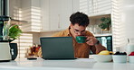 Kitchen, man and coffee with laptop for remote work, research information and news story for agency. Home, freelancer and content writer with digital for blog website, online article and tea to drink